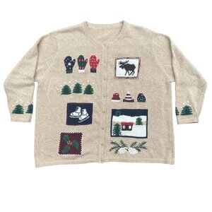 Embroidered Ugly Christmas Sweater Tan Button Grandmacore Winter Holiday-3X